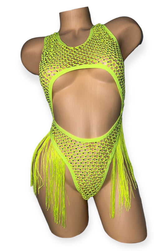 Yellow Fishnet Fringe One Piece