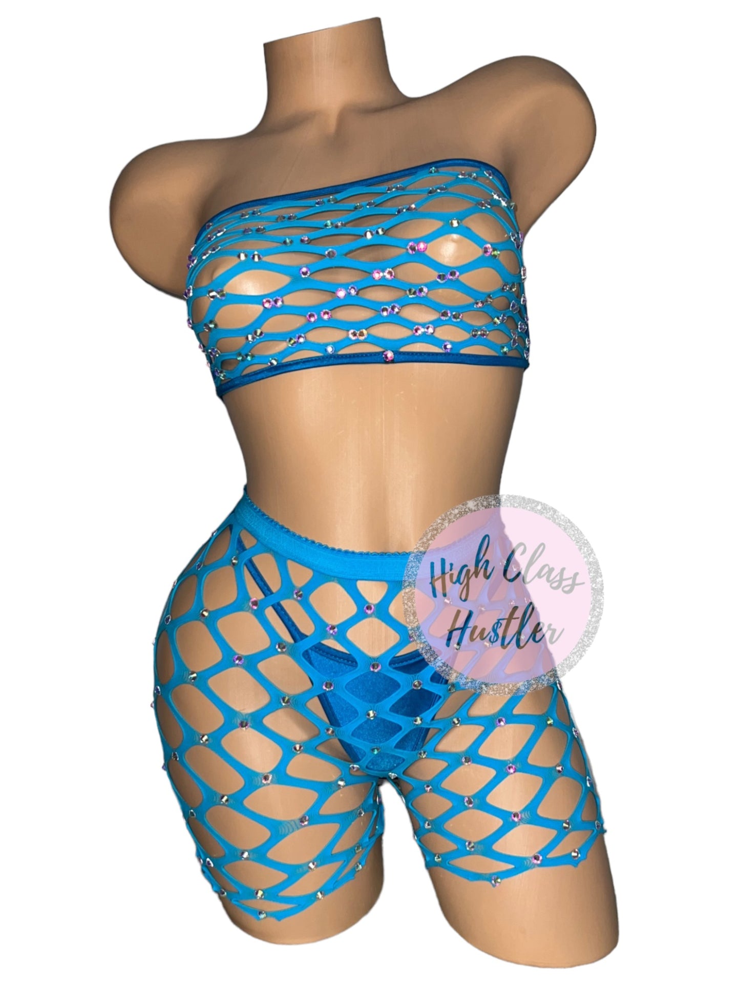 Turquoise Fishnet Shorts Set